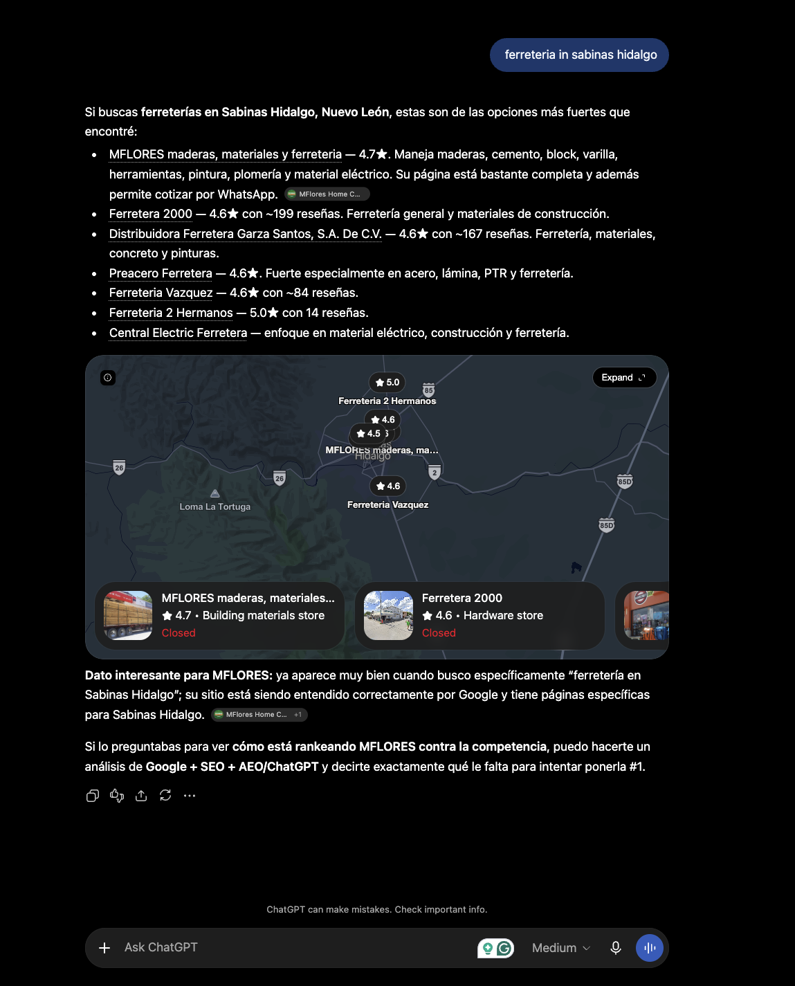 MFLORES Ferreteria shown in an AI search result for ferreteria en Sabinas Hidalgo